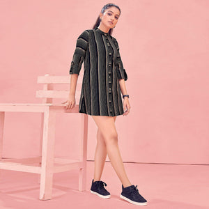 Black Casual Wear Designer Stripes Pure Khadi Western Tunics Shirt - Peachmode