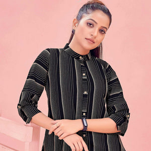 Black Casual Wear Designer Stripes Pure Khadi Western Tunics Shirt - Peachmode