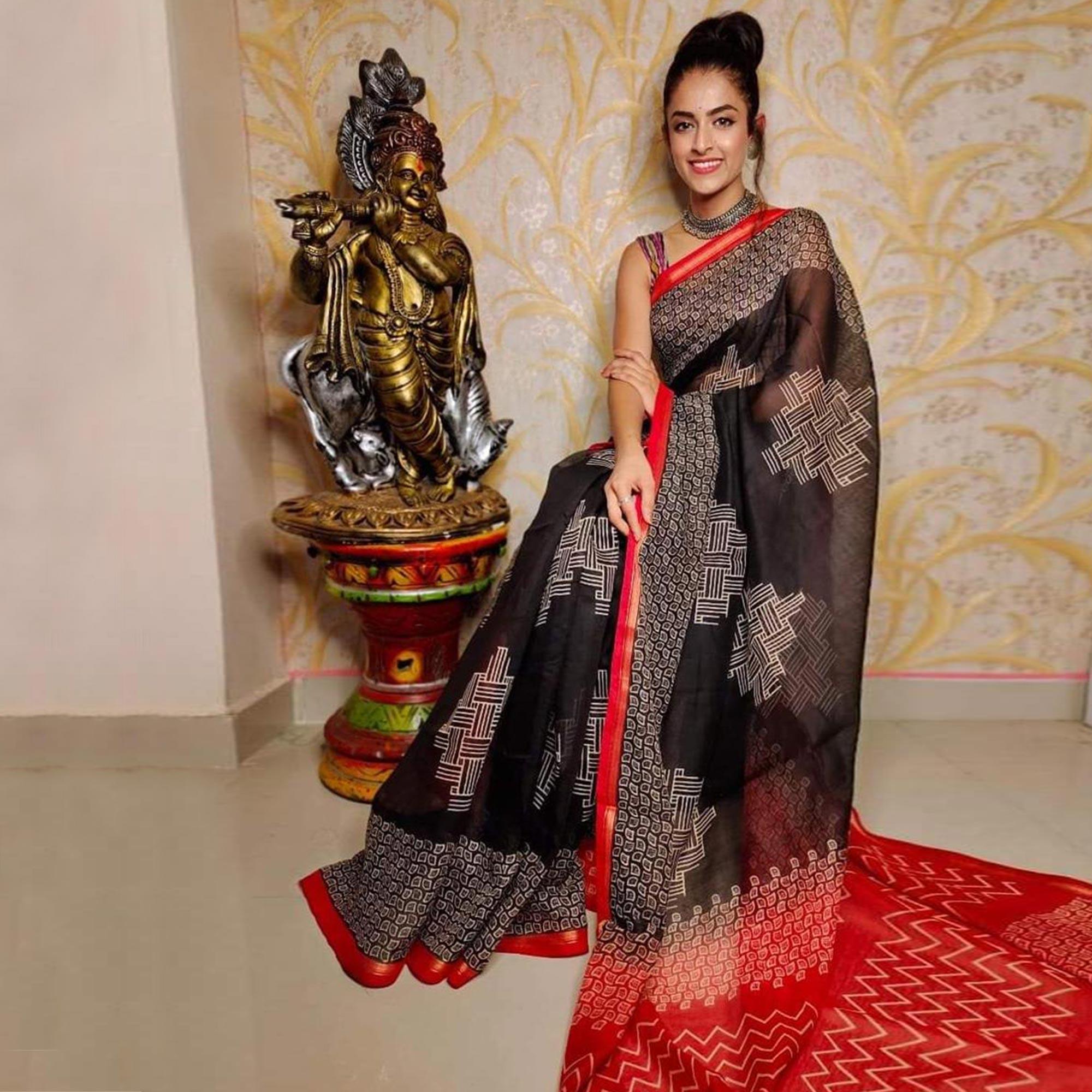 Black Casual Wear Digital Printed Chanderi Silk Saree - Peachmode