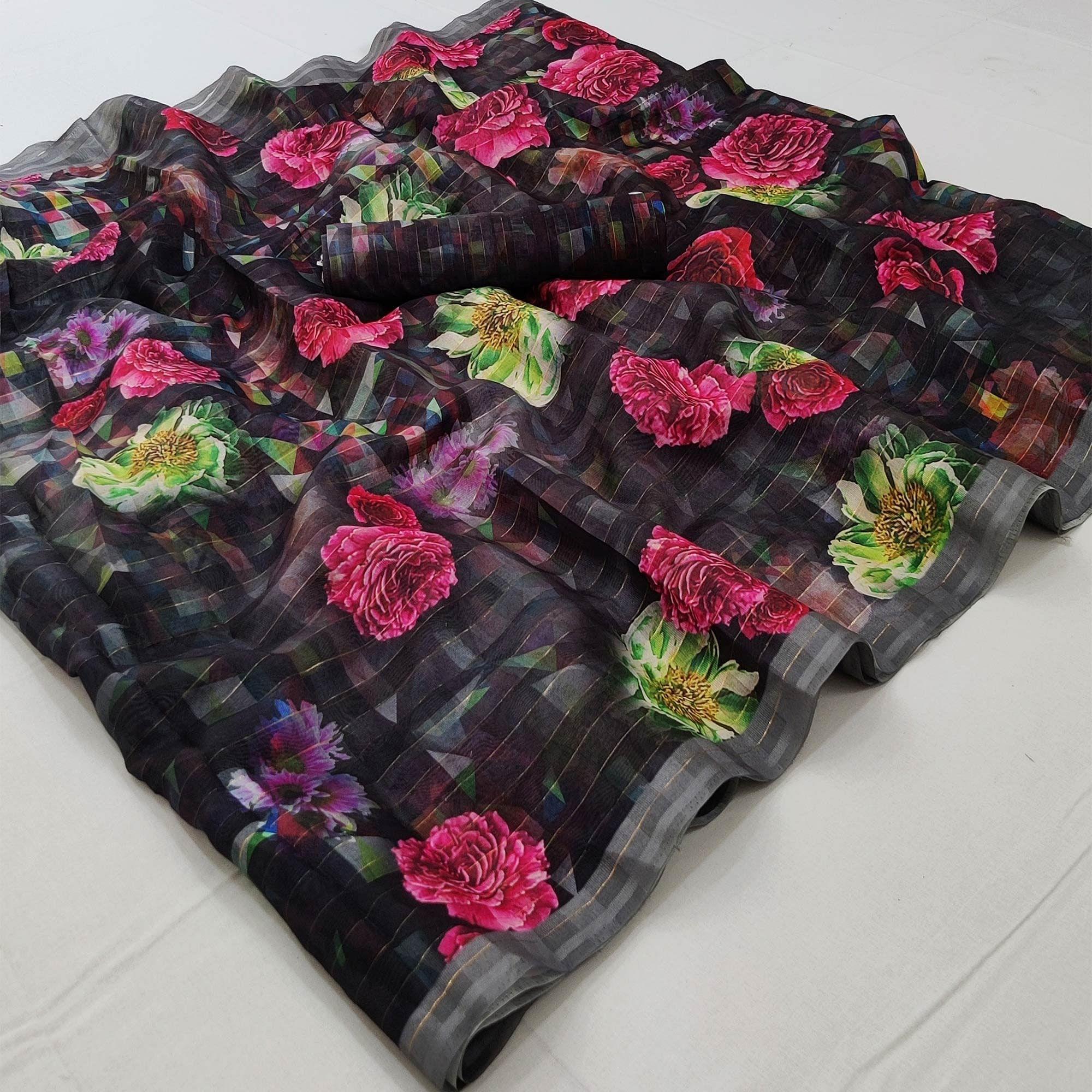 Black Casual Wear Digital Printed Cotton Silk Saree - Peachmode