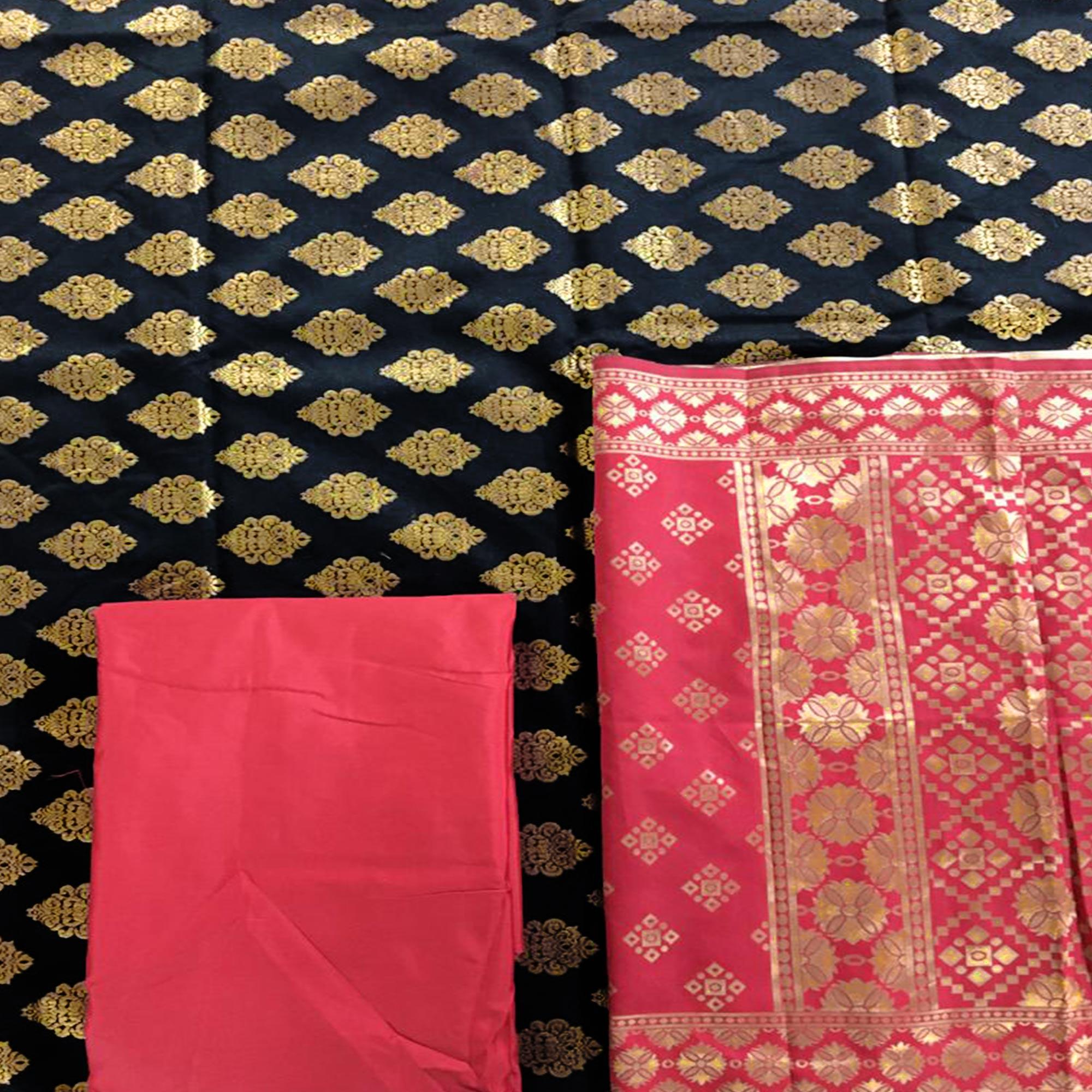 Black Casual Wear Embroidered Banarasi Silk Dress Material - Peachmode