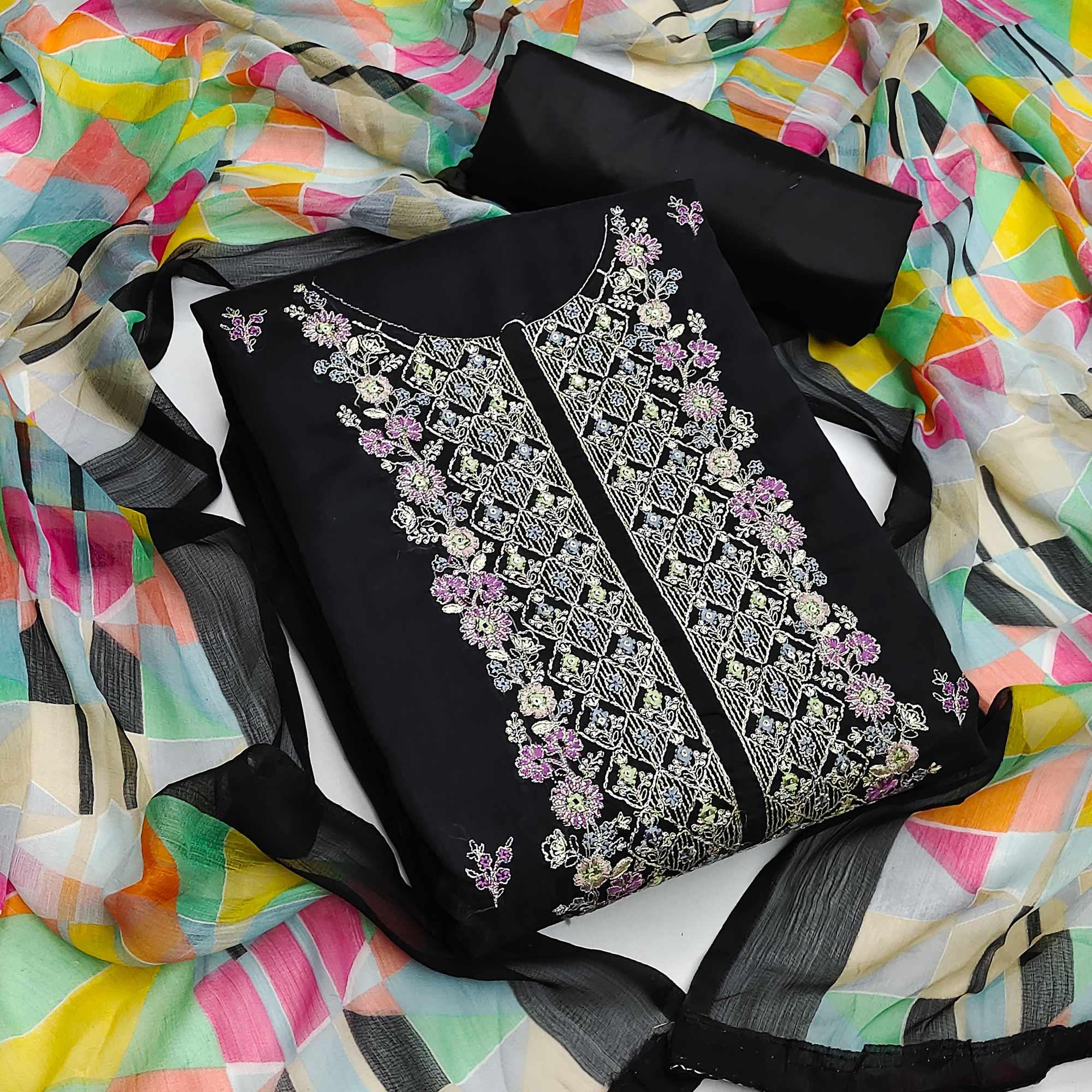 Black Casual Wear Embroidered Chanderi Dress Material - Peachmode