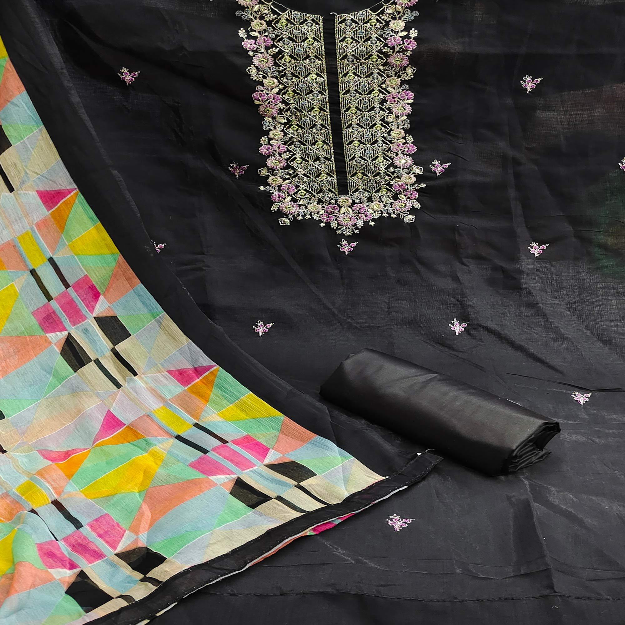 Black Casual Wear Embroidered Chanderi Dress Material - Peachmode