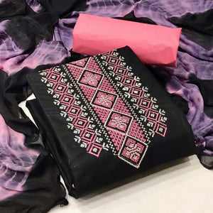 Black Casual Wear Embroidered Cotton Dress Material - Peachmode