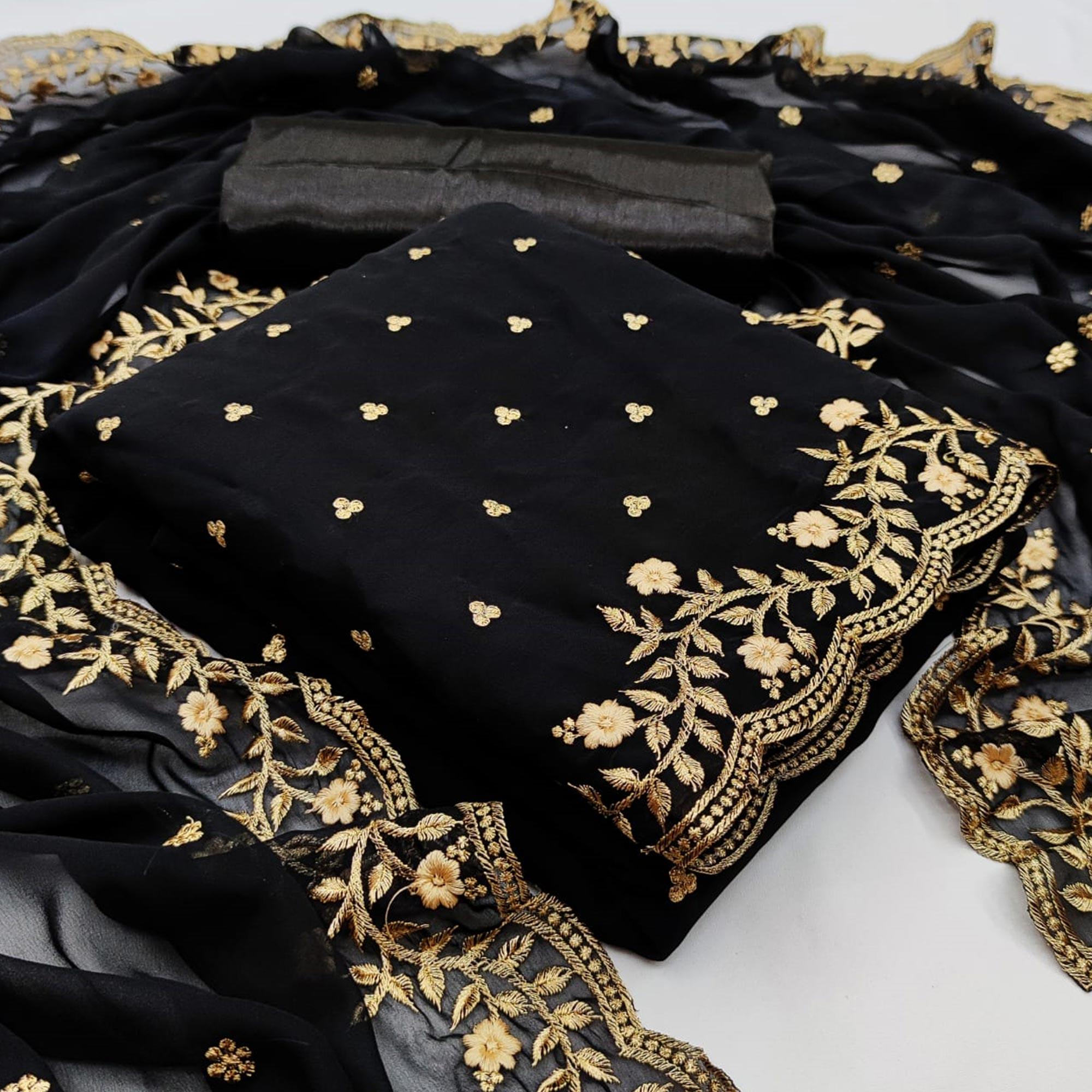 Black Casual Wear Embroidered Georgette Dress Material - Peachmode