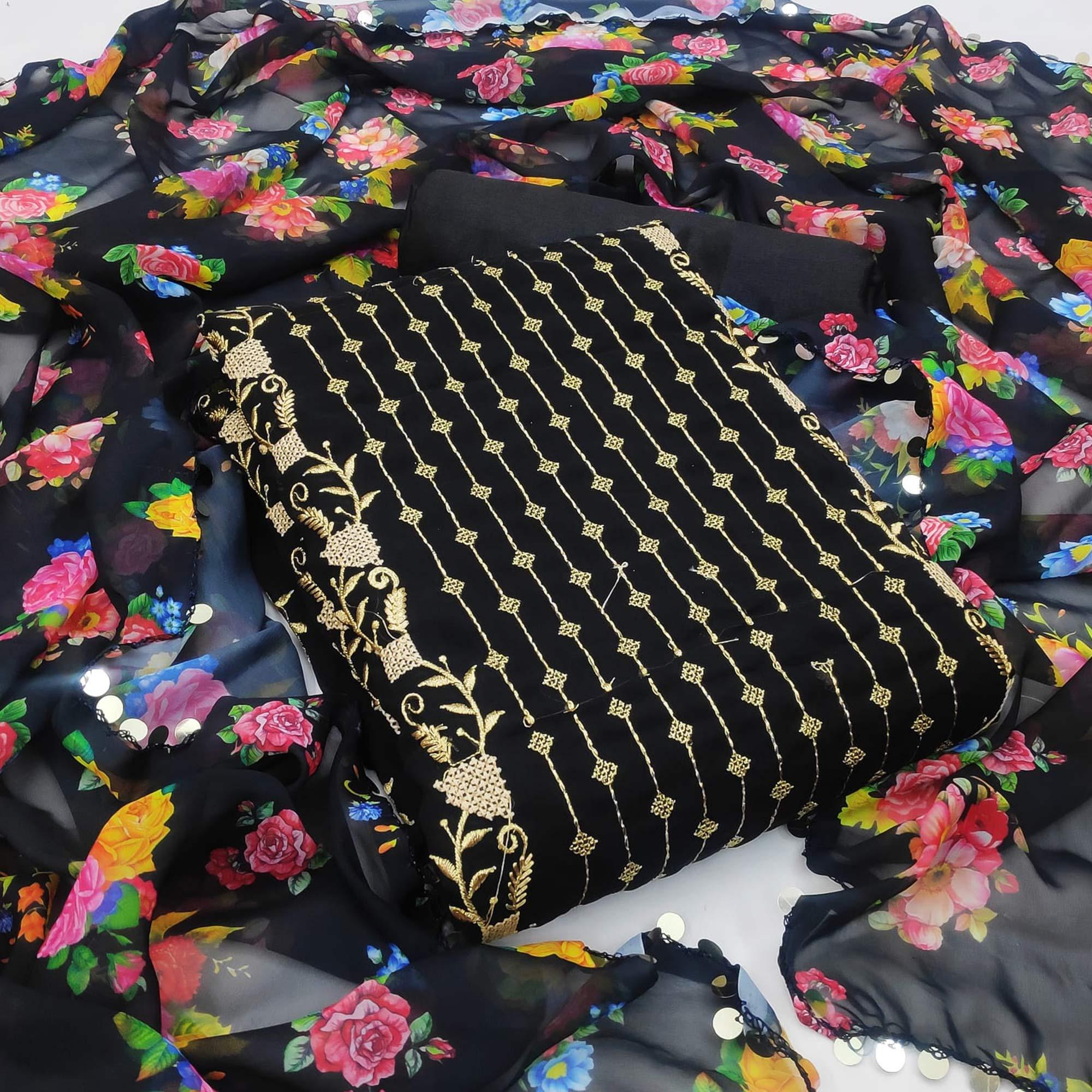 Black Casual Wear Embroidered Georgette Dress Material - Peachmode