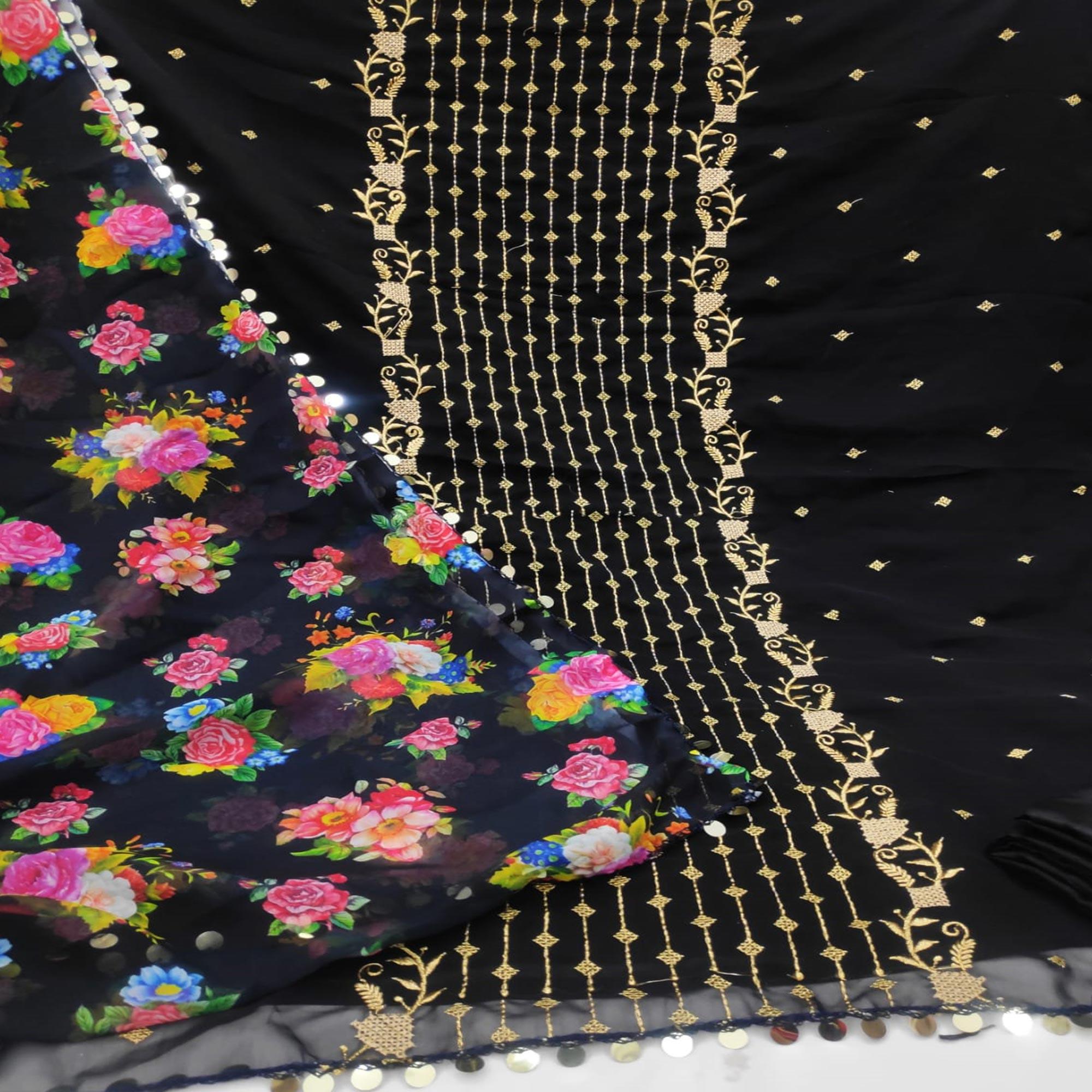 Black Casual Wear Embroidered Georgette Dress Material - Peachmode