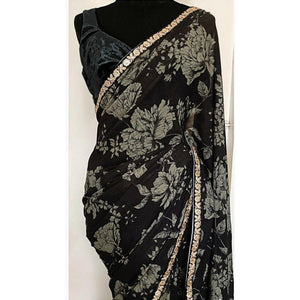 Black Casual Wear Embroidered Georgette Saree - Peachmode