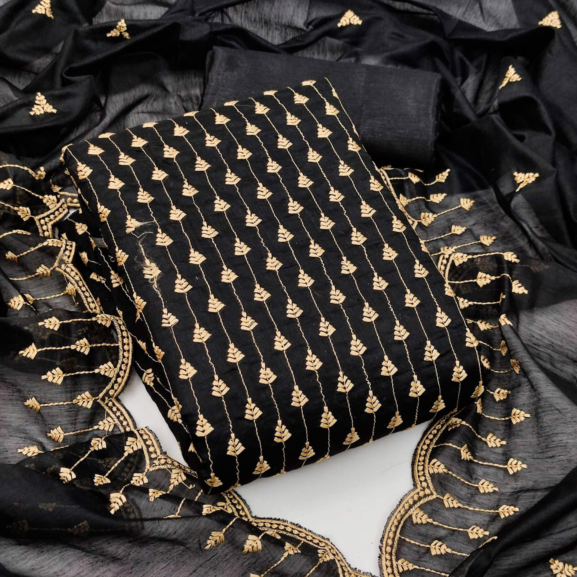 Black Casual Wear Embroidered Modal Chanderi Dress Material - Peachmode