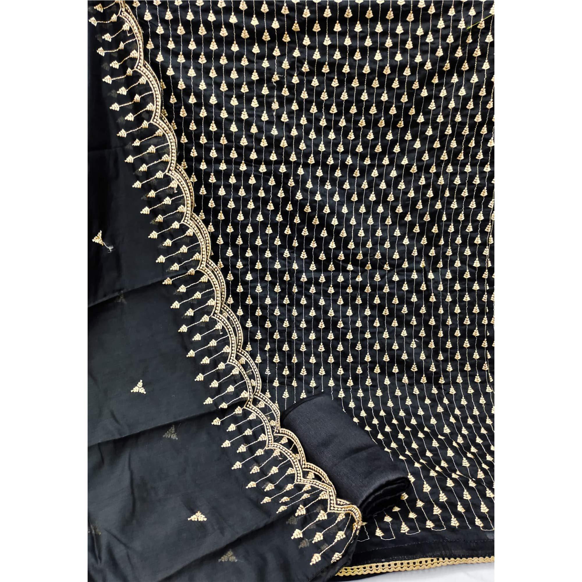 Black Casual Wear Embroidered Modal Chanderi Dress Material - Peachmode