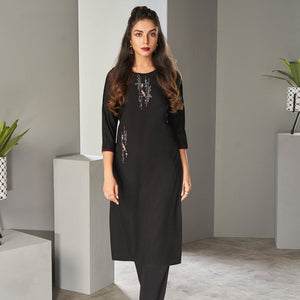 Black Casual Wear Embroidered Pure Viscose Kurti - Peachmode