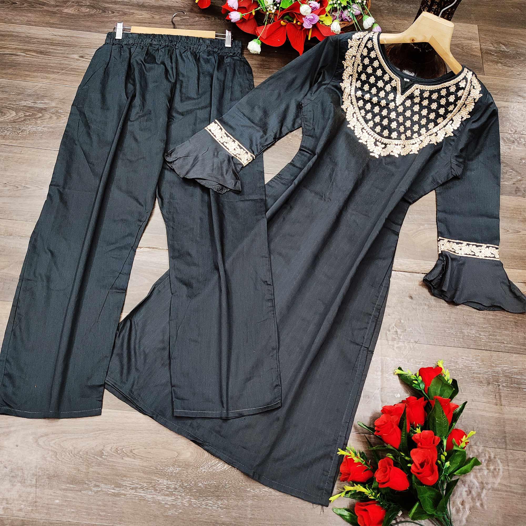 Black Casual Wear Embroidered Pure Viscose Santoon Palazzo Suit - Peachmode