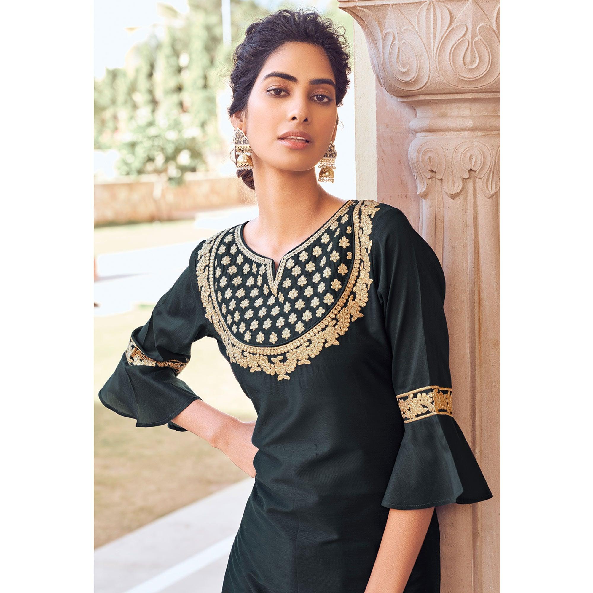 Black Casual Wear Embroidered Pure Viscose Santoon Palazzo Suit - Peachmode