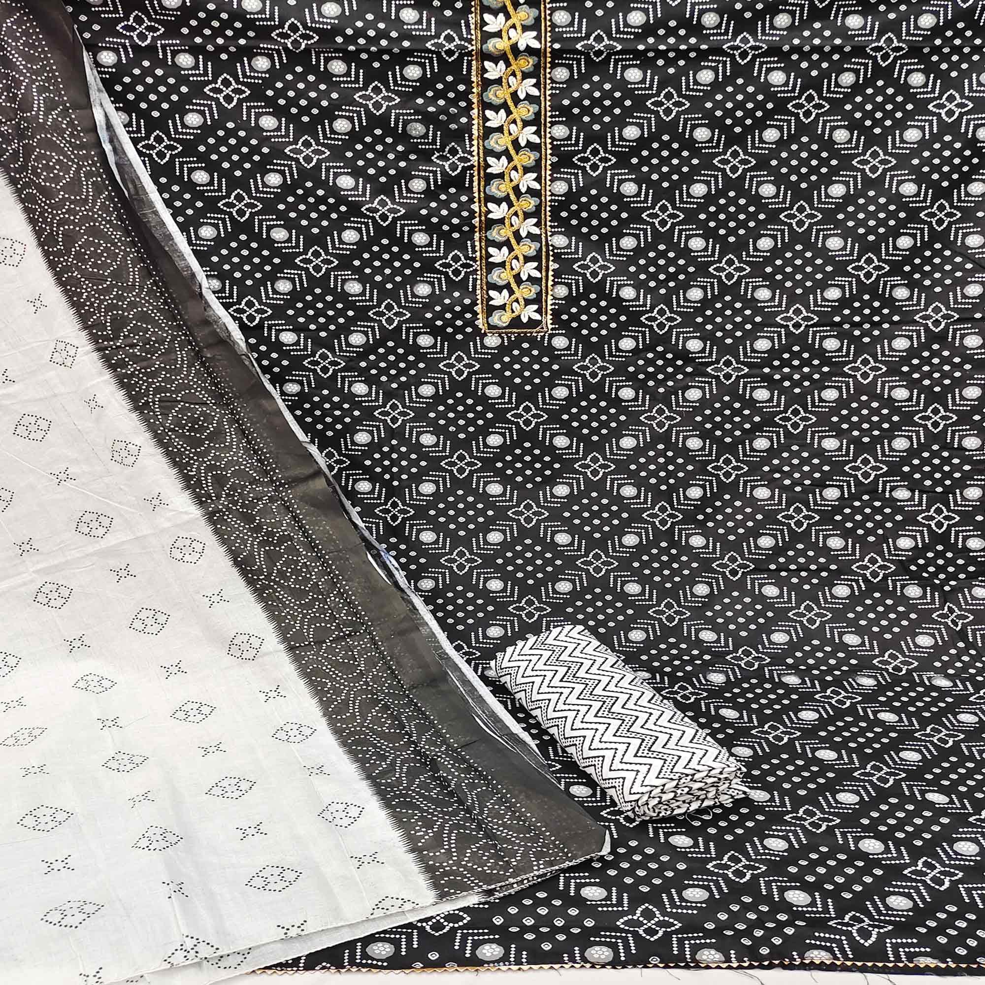 Black Casual Wear Embroidery With Print Cotton Dress Material - Peachmode