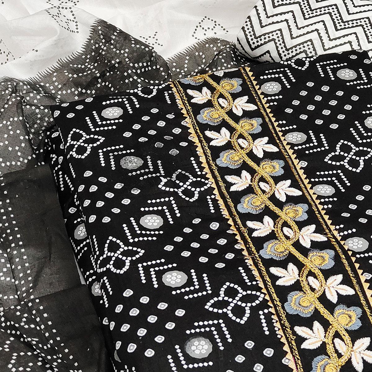 Black Casual Wear Embroidery With Print Cotton Dress Material - Peachmode