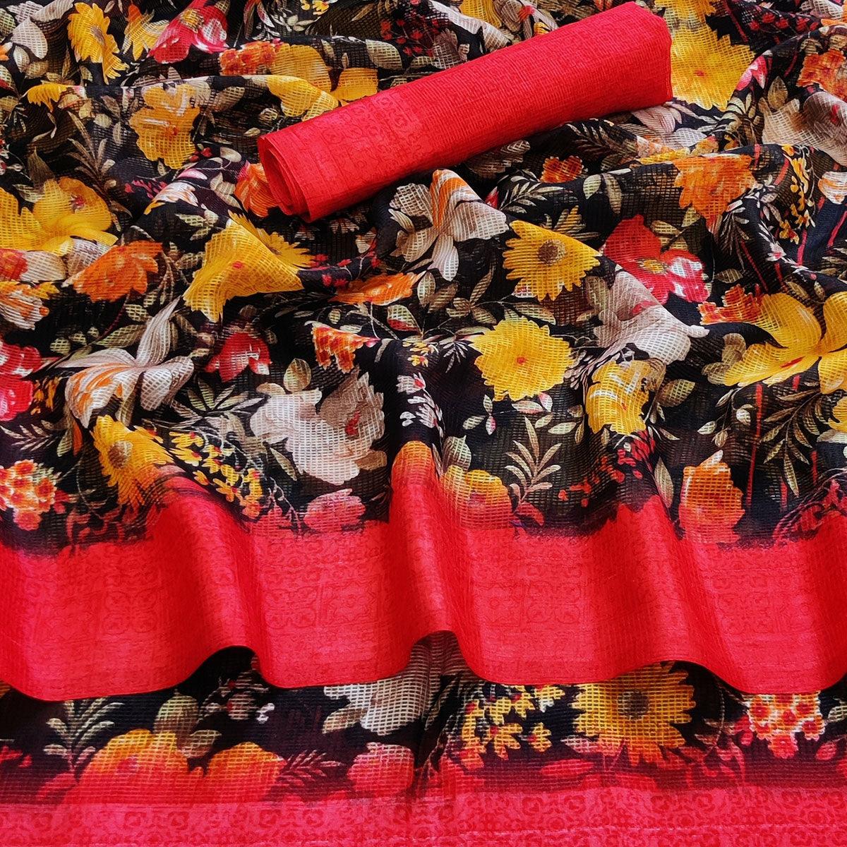 Black Casual Wear Floral Digital Printed linen Saree - Peachmode