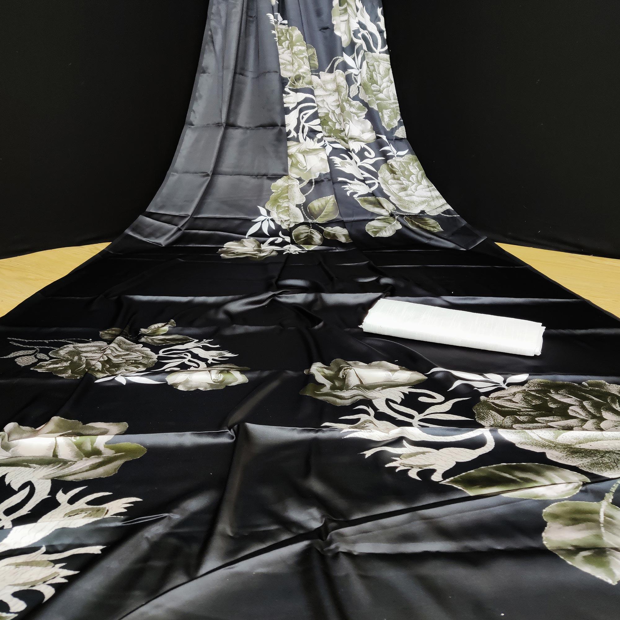 Black Casual Wear Floral Digital Printed Satin Saree - Peachmode