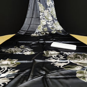 Black Casual Wear Floral Digital Printed Satin Saree - Peachmode