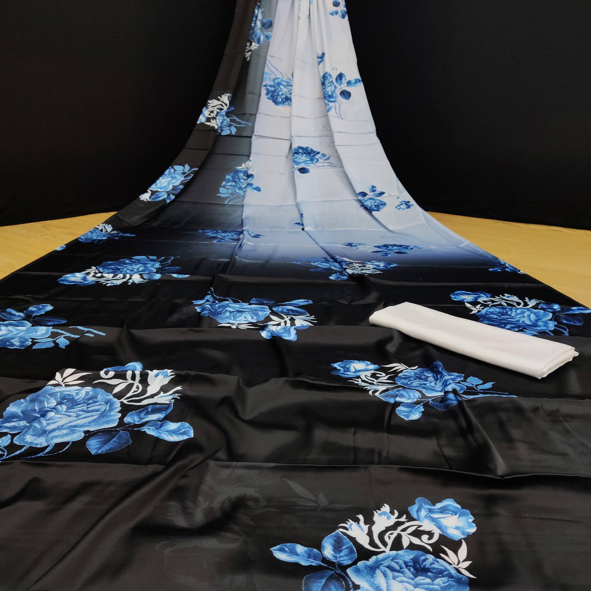 Black Casual Wear Floral Digital Printed Satin Saree - Peachmode