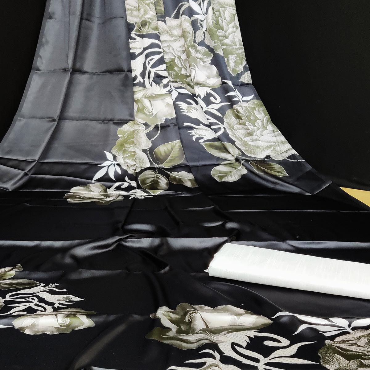 Black Casual Wear Floral Digital Printed Satin Saree - Peachmode