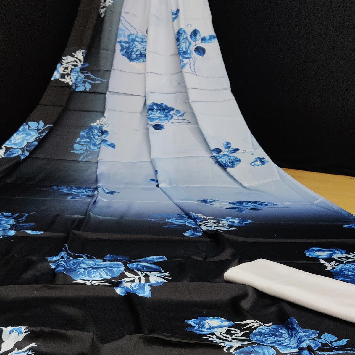 Black Casual Wear Floral Digital Printed Satin Saree - Peachmode