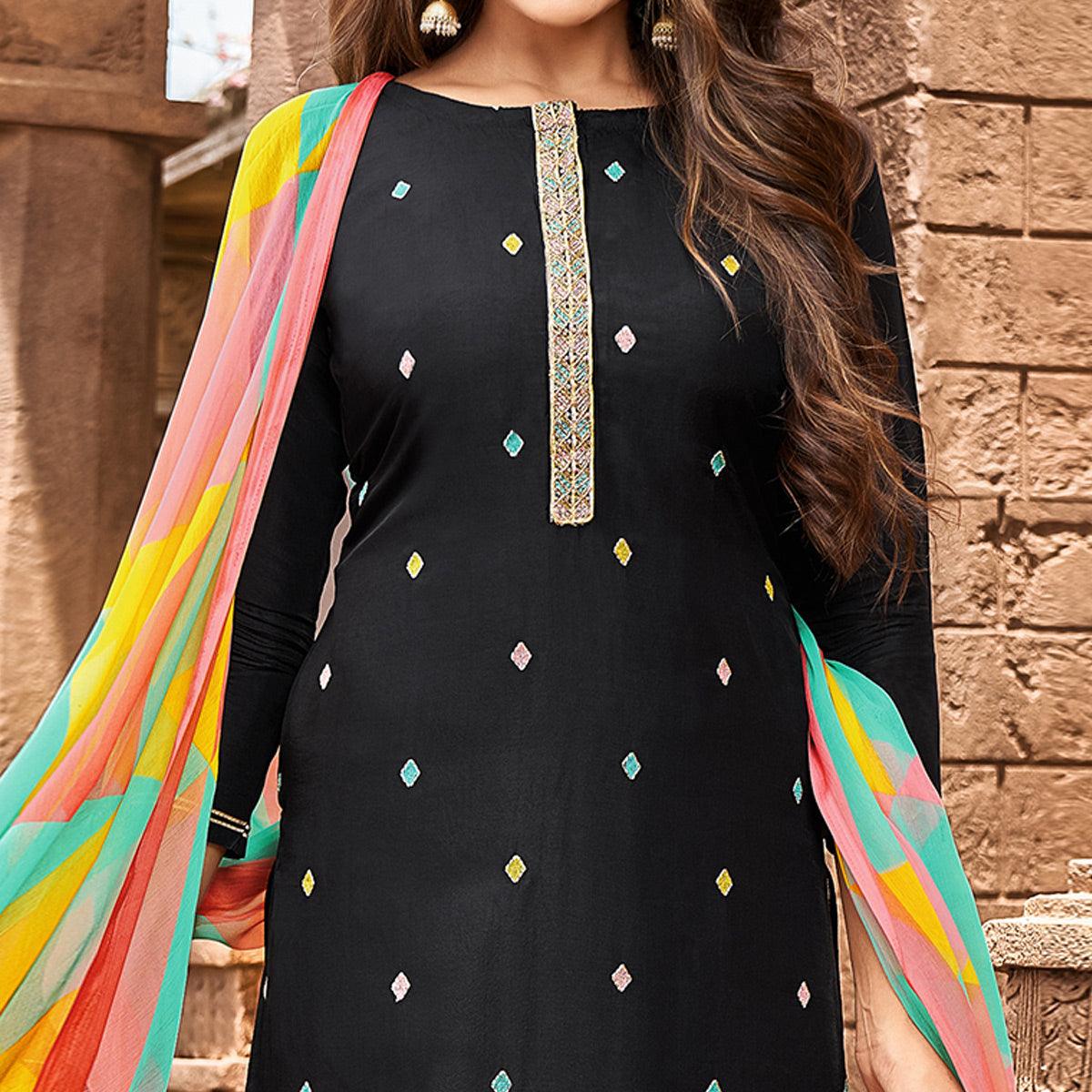 Black Casual Wear Floral Embroidered Chanderi Dress Material - Peachmode