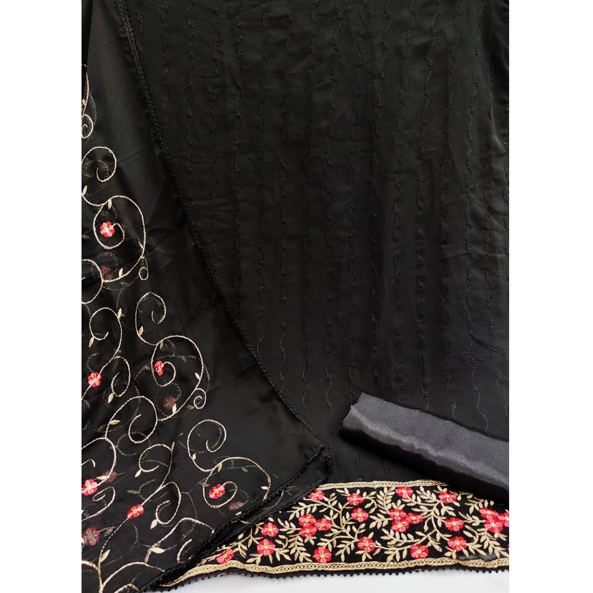 Black Casual Wear Floral Embroidered Georgette Dress Material - Peachmode