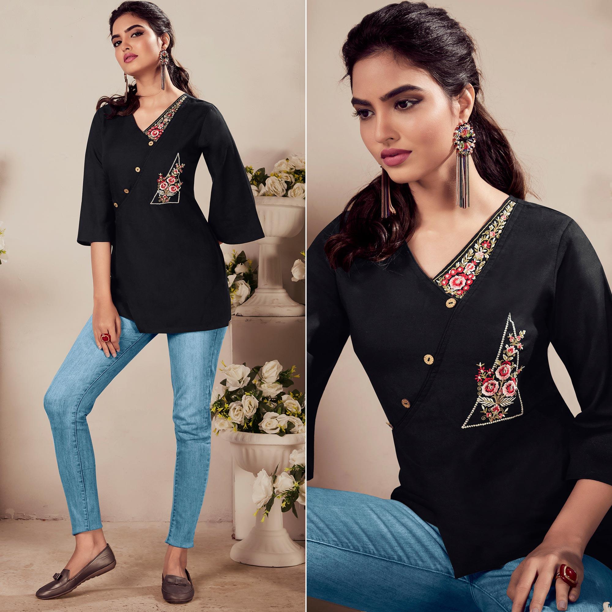 Black Casual Wear Floral Embroidered Rayon Top - Peachmode