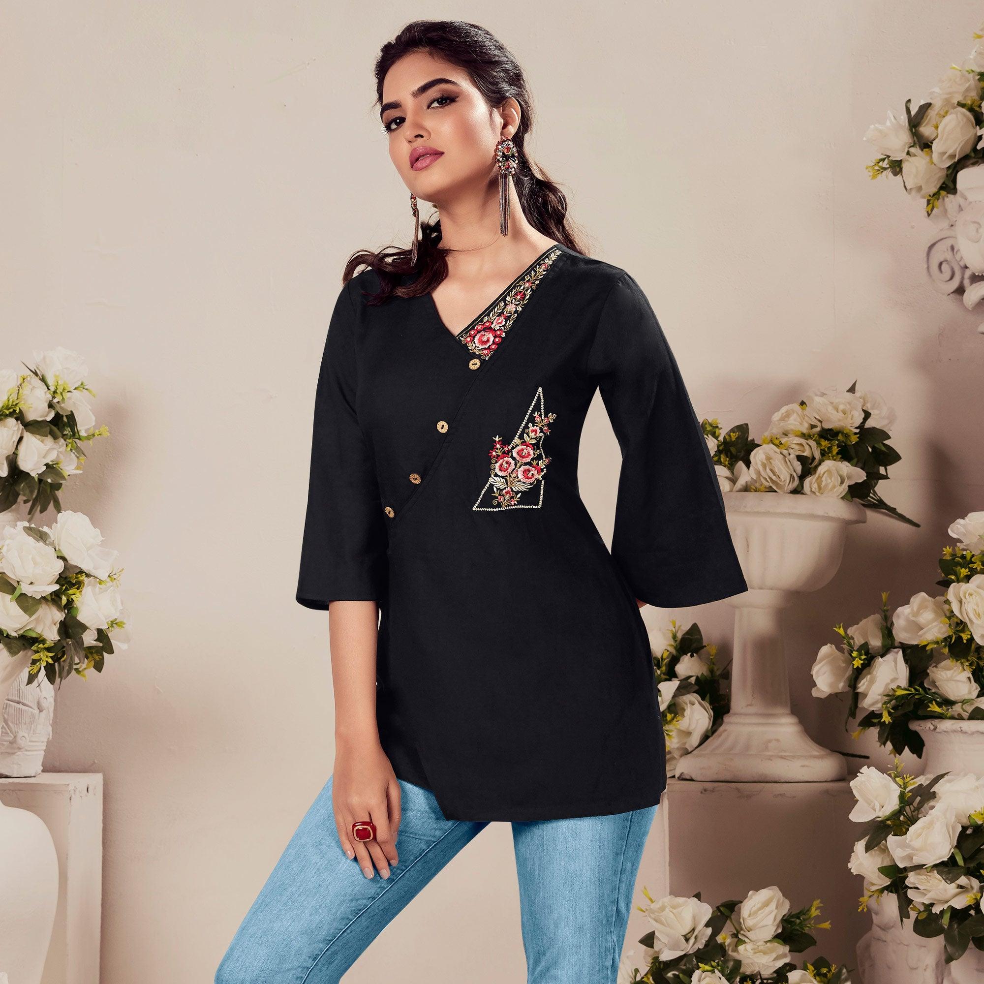 Black Casual Wear Floral Embroidered Rayon Top - Peachmode