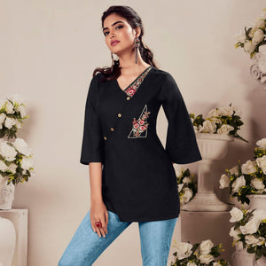 Black Casual Wear Floral Embroidered Rayon Top - Peachmode