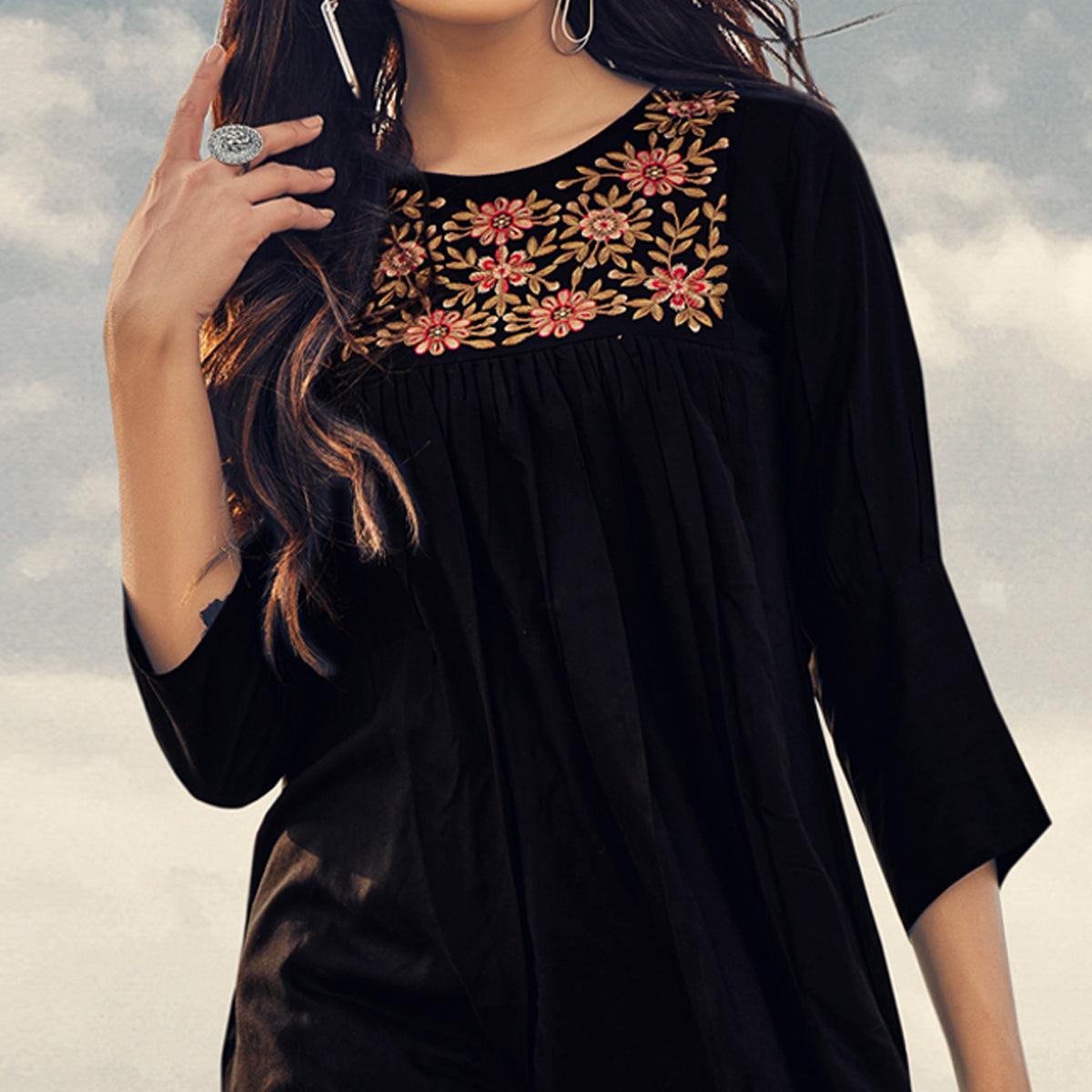 Black Casual Wear Floral Embroidered Rayon Top - Peachmode