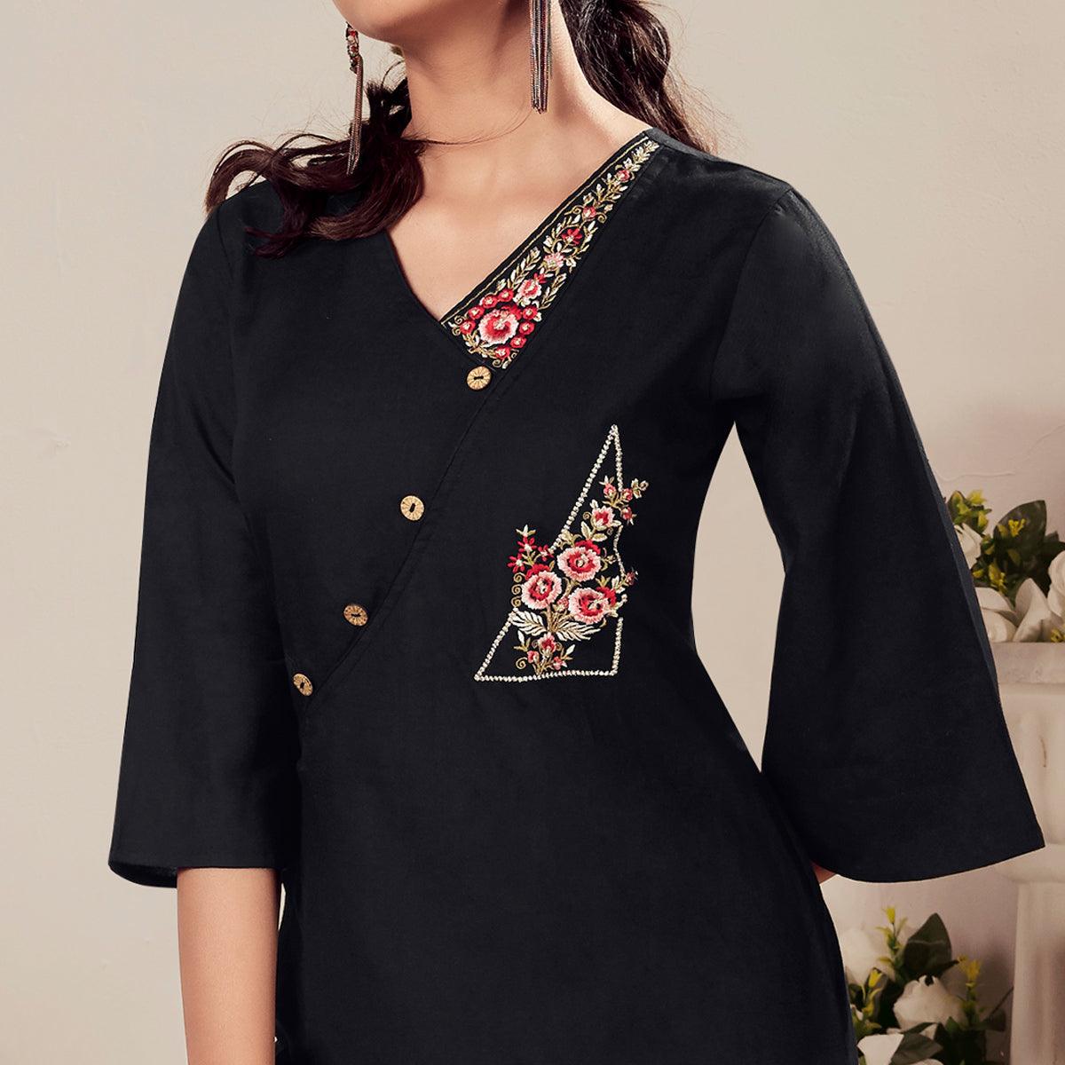 Black Casual Wear Floral Embroidered Rayon Top - Peachmode