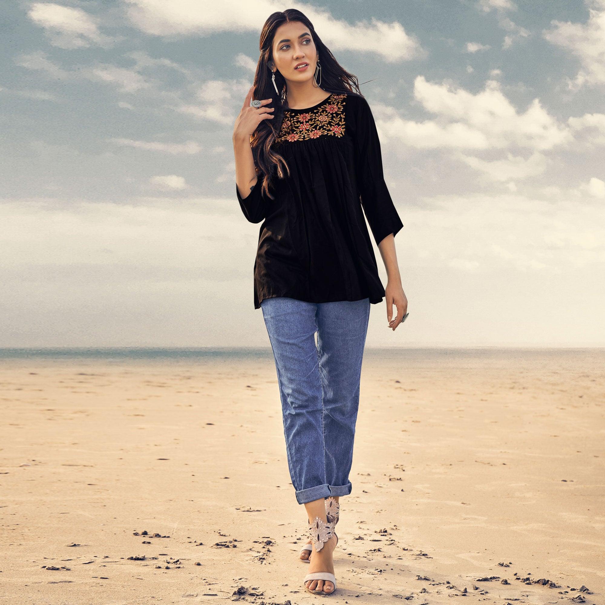 Black Casual Wear Floral Embroidered Rayon Top - Peachmode