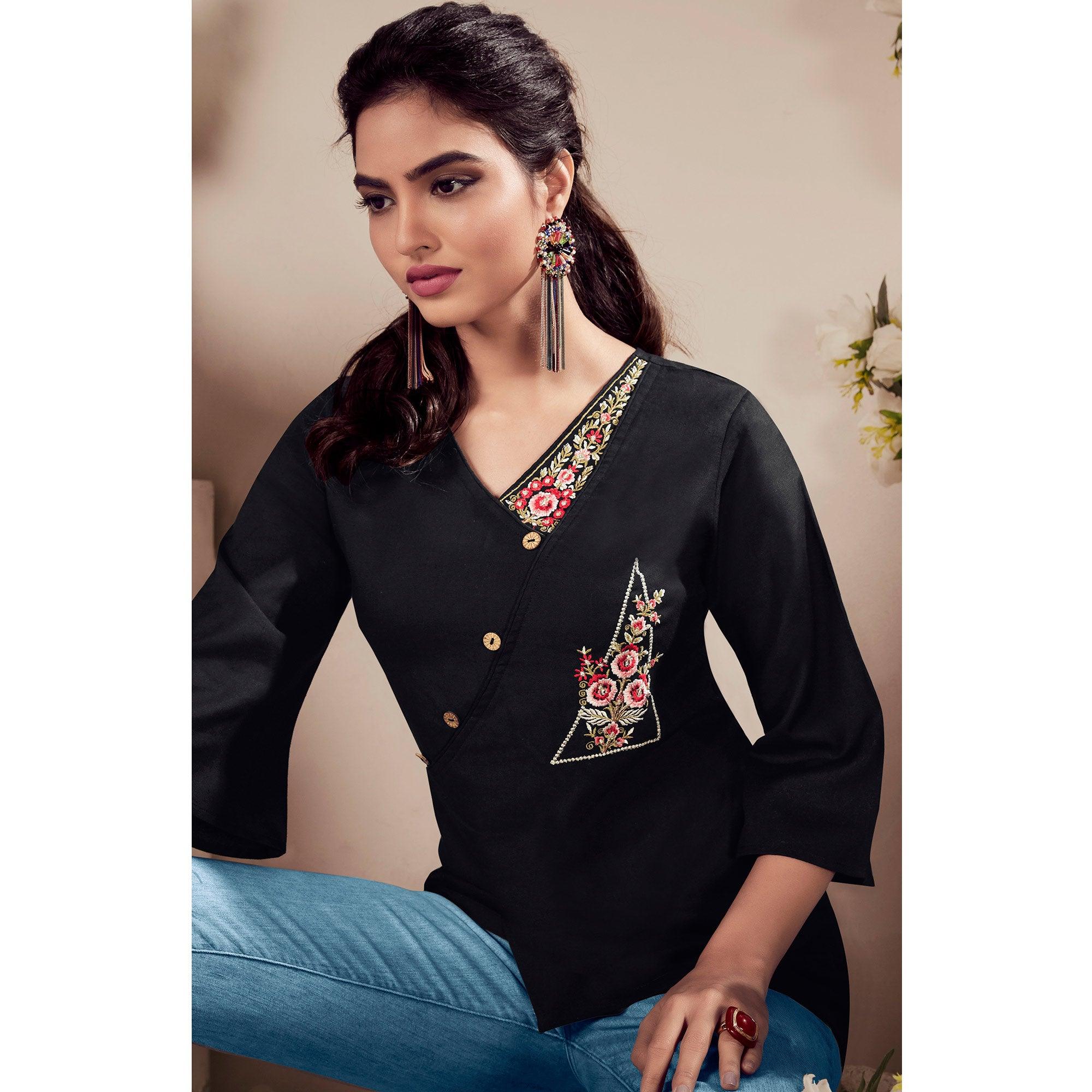Black Casual Wear Floral Embroidered Rayon Top - Peachmode