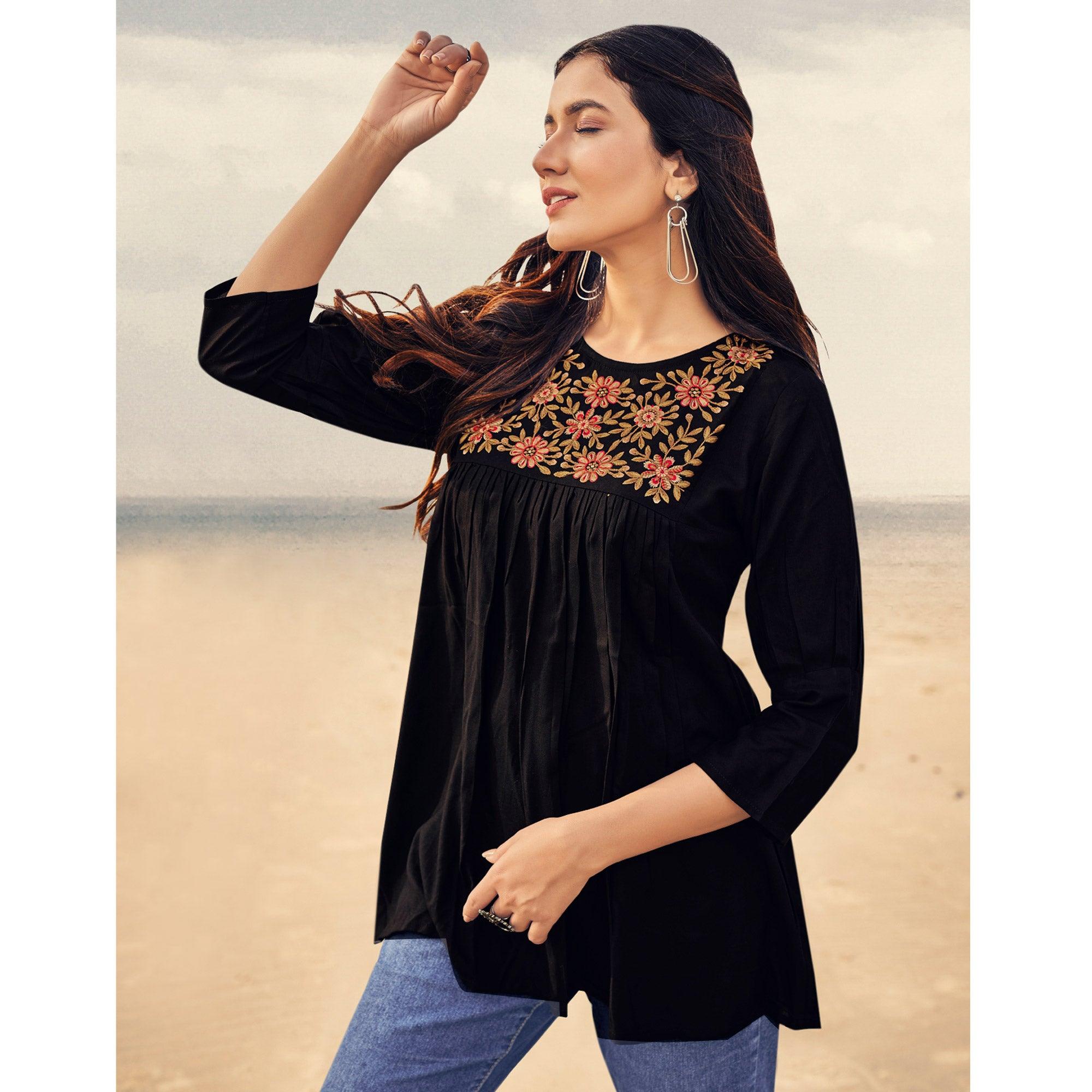 Black Casual Wear Floral Embroidered Rayon Top - Peachmode