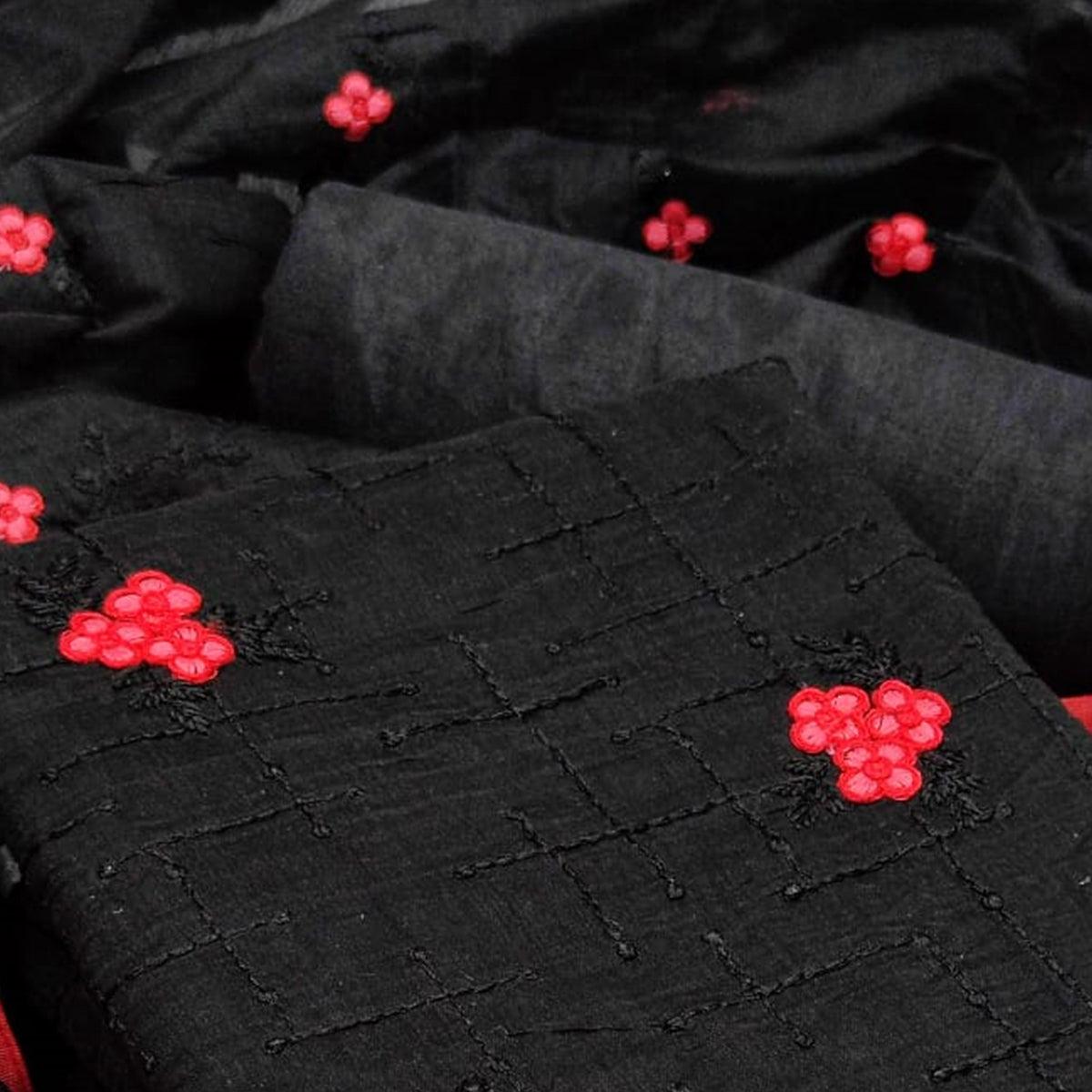 Black Casual Wear Floral Embroidery Work Modal Dress Material - Peachmode