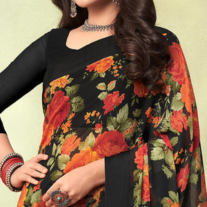 Black Casual Wear Floral Printed Chiffon Saree - Peachmode