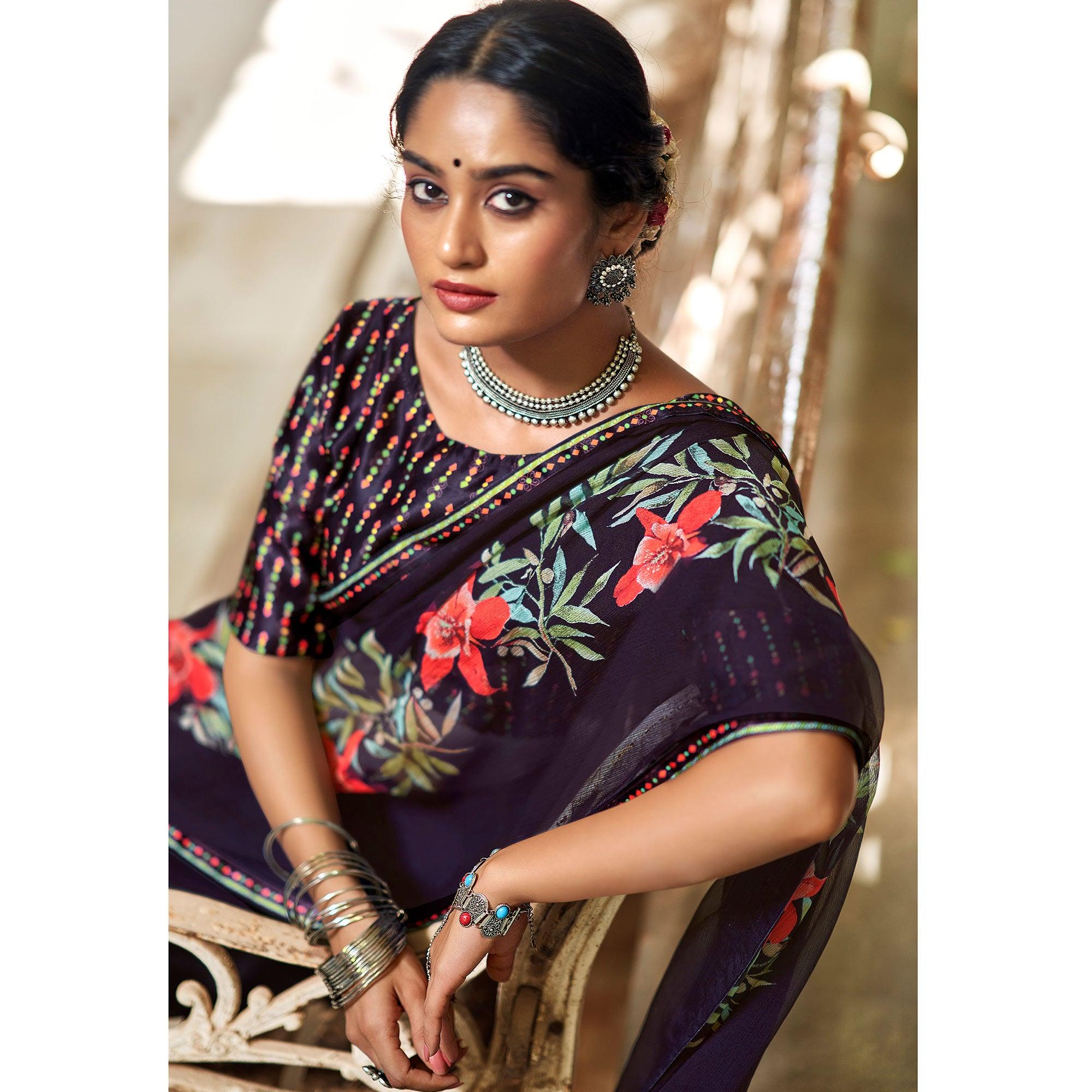 Black Casual Wear Floral Printed Chiffon Saree With Fancy Blouse - Peachmode