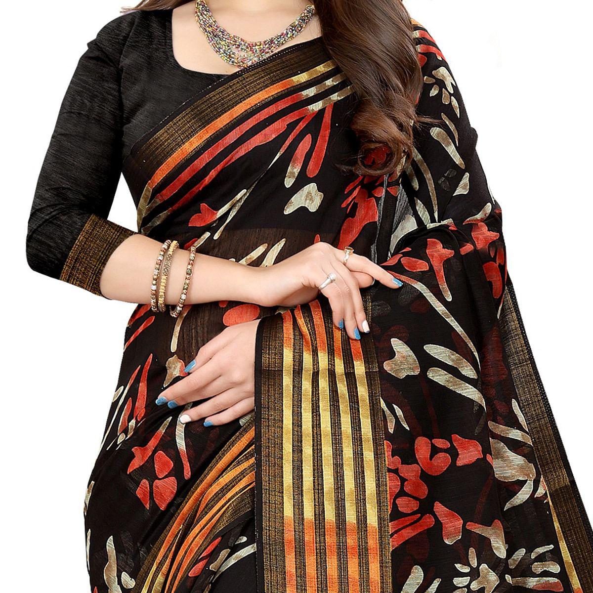 Black Casual Wear Floral Printed Cotton Linen Saree - Peachmode