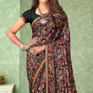 Black Casual Wear Floral Printed Crepe Saree With Banarasi Border - Peachmode