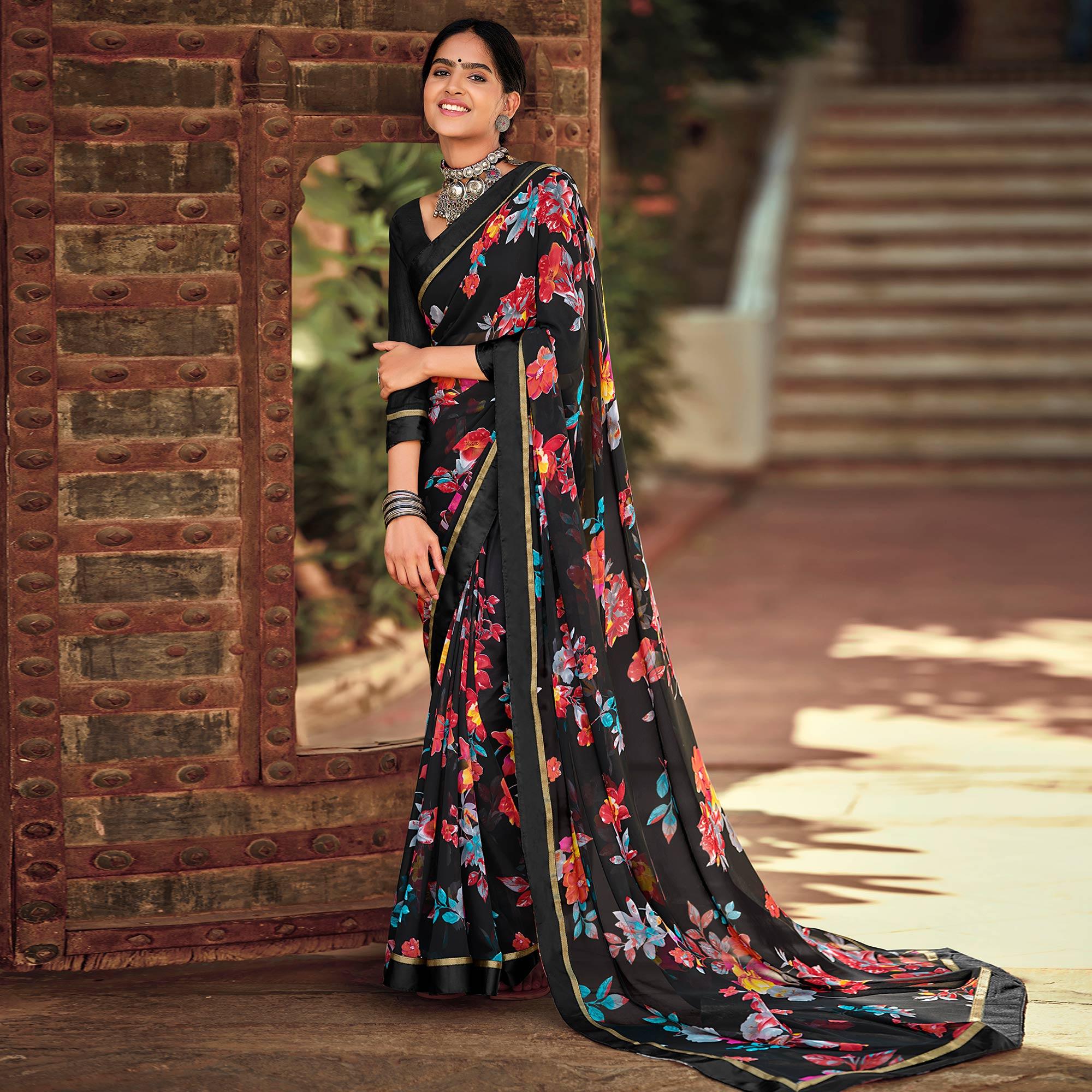 Black Casual Wear Floral Printed Georgette Saree - Peachmode