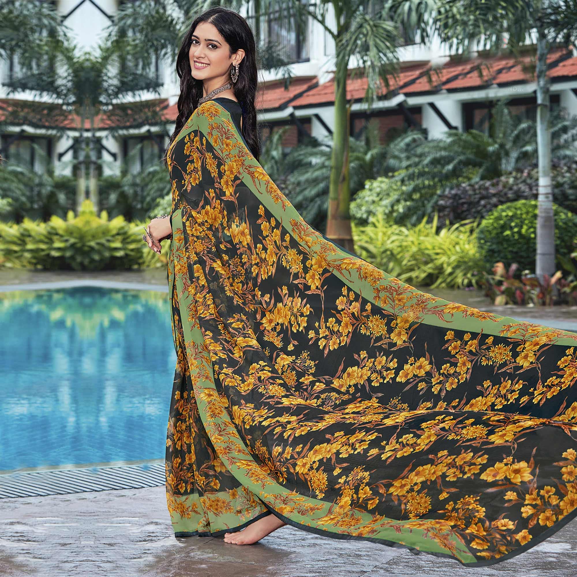 Black Casual Wear Floral Printed Georgette Saree - Peachmode