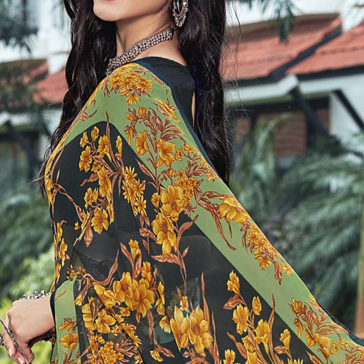 Black Casual Wear Floral Printed Georgette Saree - Peachmode