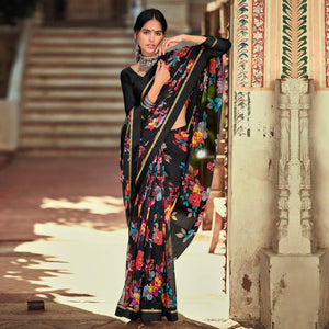 Black Casual Wear Floral Printed Georgette Saree - Peachmode
