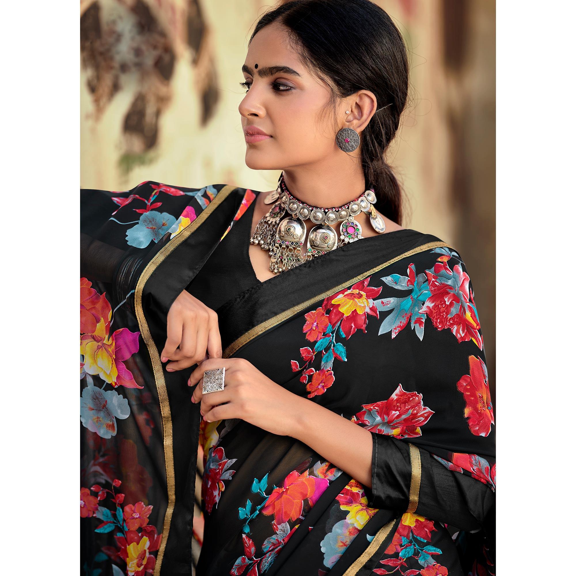 Black Casual Wear Floral Printed Georgette Saree - Peachmode