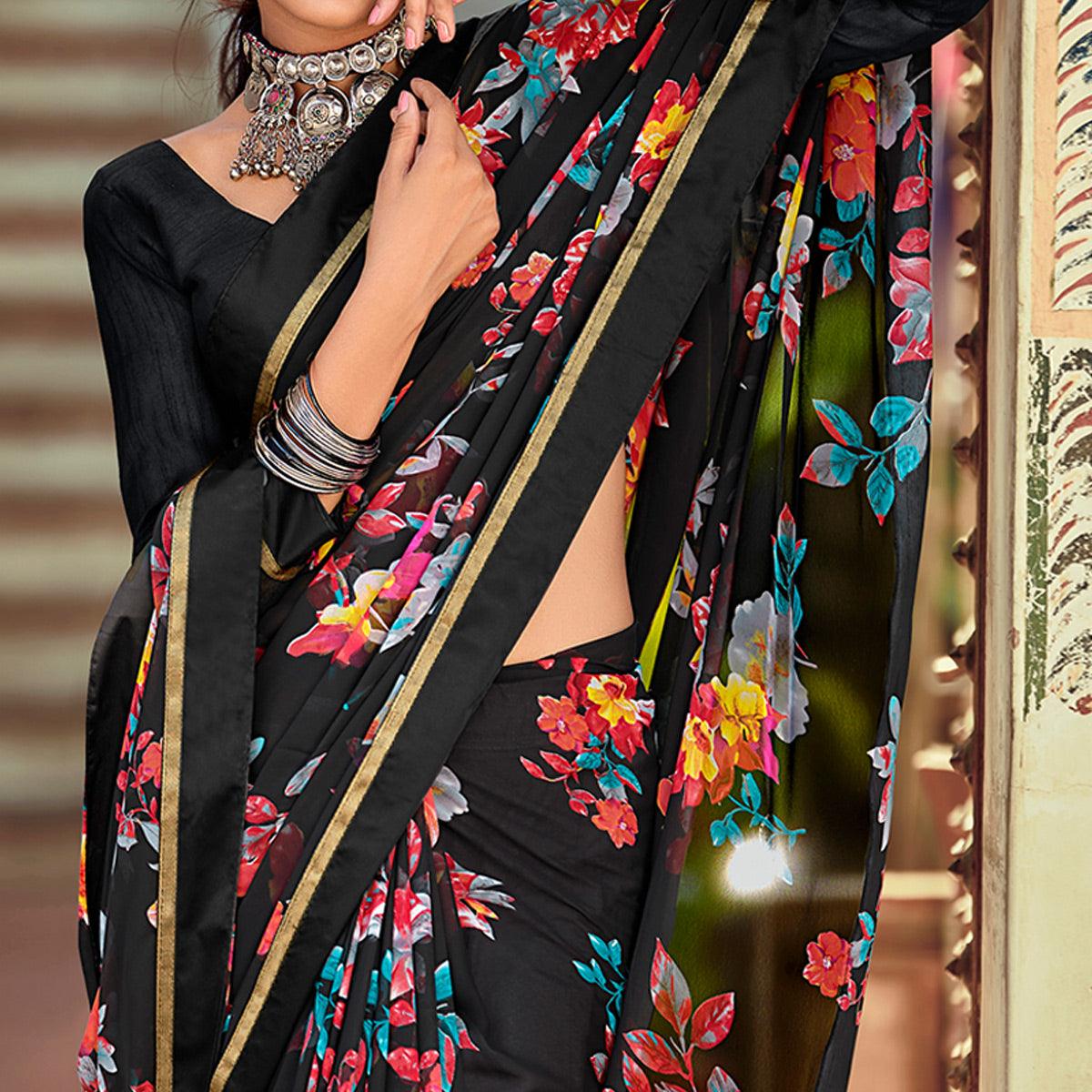 Black Casual Wear Floral Printed Georgette Saree - Peachmode