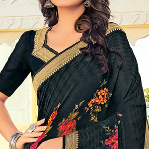 Black Casual Wear Floral Printed Georgette Saree With Border - Peachmode