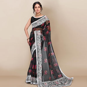 Black Casual Wear Floral Printed Organza Saree With Embroidered Border - Peachmode