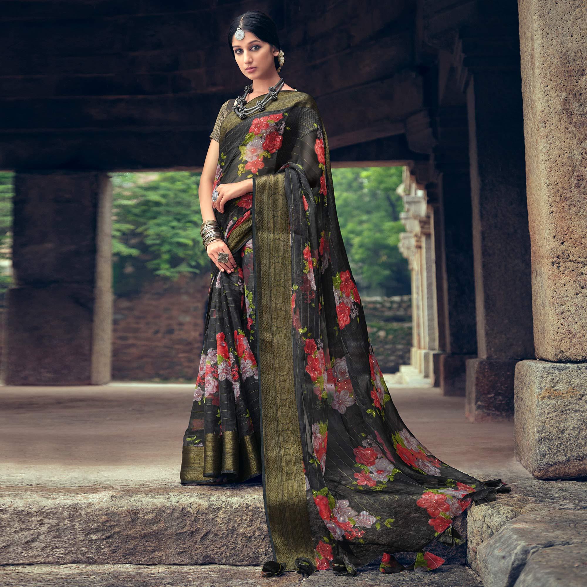 Black Casual Wear Floral Printed Organza Saree With Jacquard Border - Peachmode