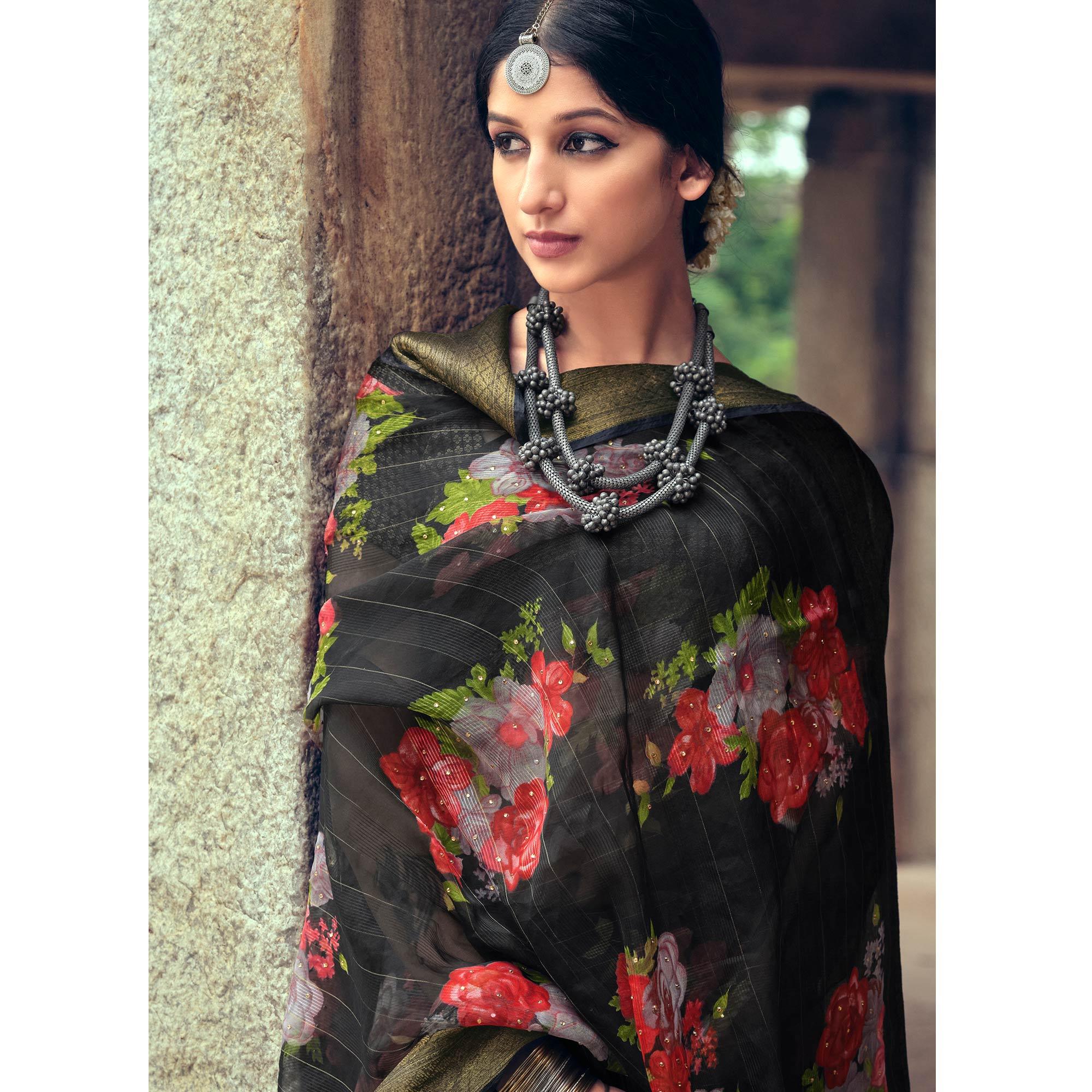 Black Casual Wear Floral Printed Organza Saree With Jacquard Border - Peachmode